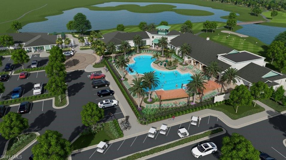 Bird's eye view of a nearby body of water and a golf course
