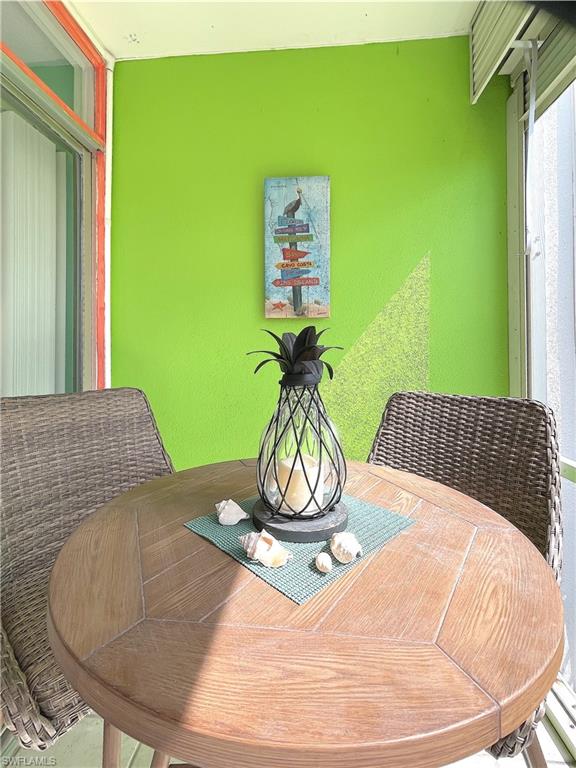 Dining space with a textured wall