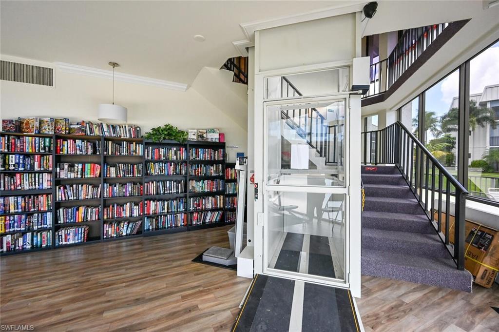 Library and elevator to 2nd floor--also steps
