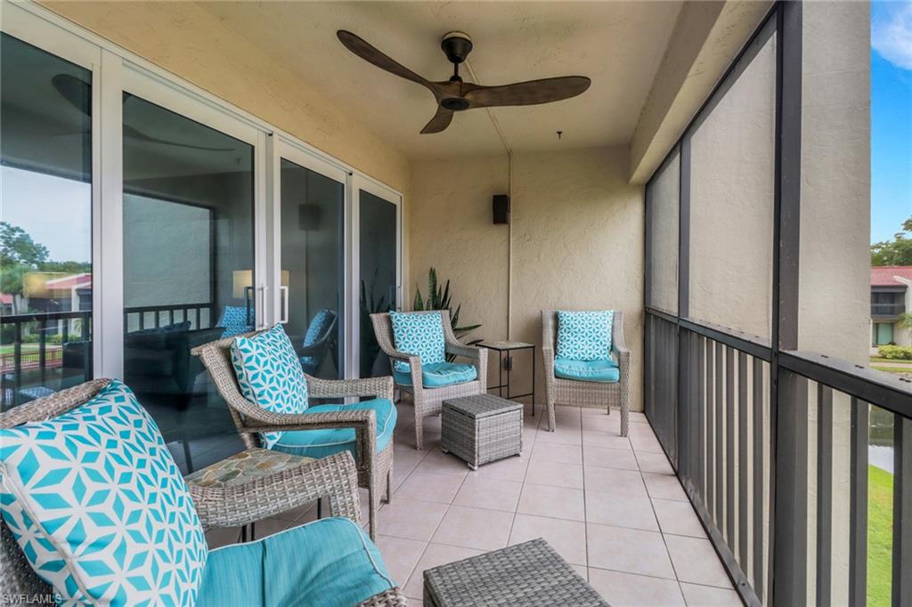 Balcony featuring ceiling fan