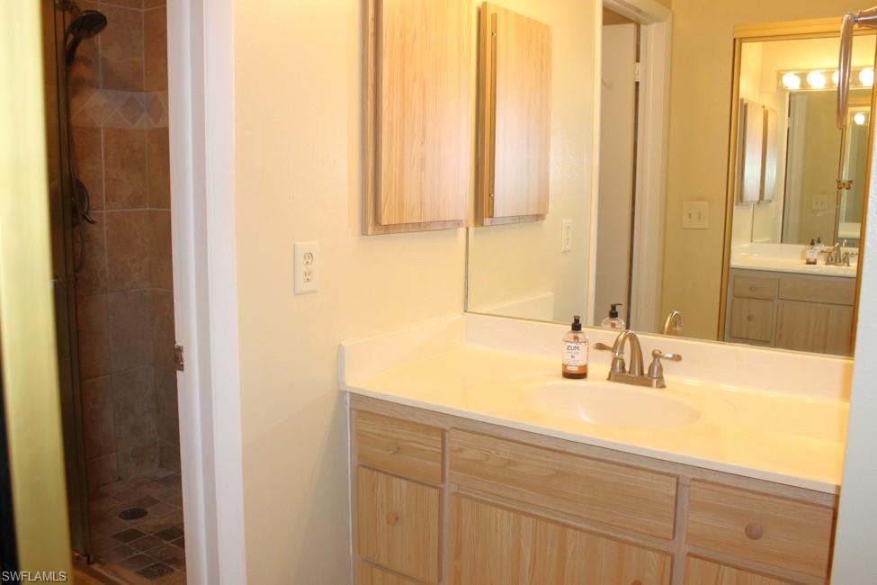 Full bathroom featuring a stall shower and vanity