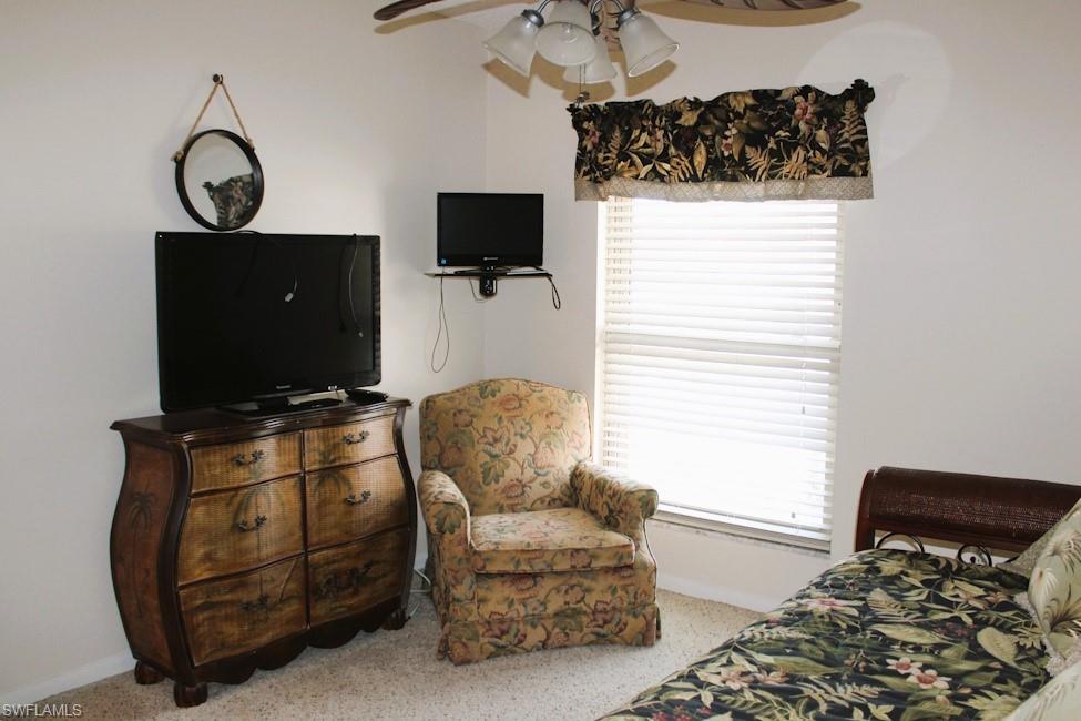 Sitting room with healthy amount of natural light, ceiling fan, and carpet flooring