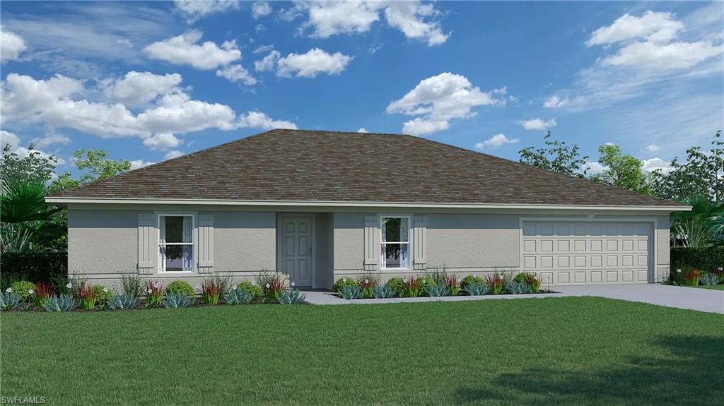 Ranch-style home with stucco siding, an attached garage, a shingled roof, and driveway