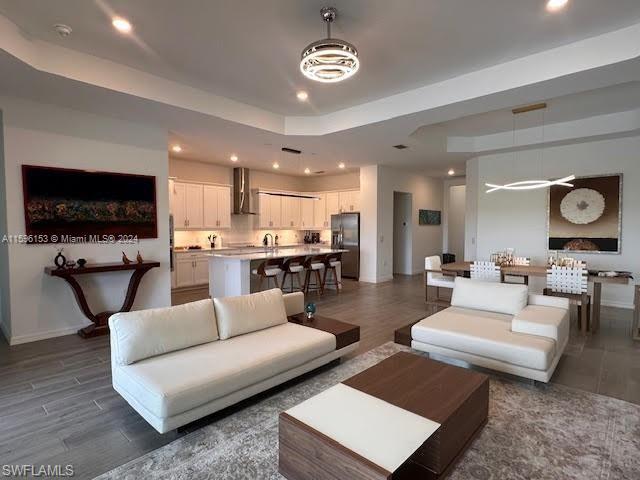 Living room featuring dark hardwood / wood-style floors and a raised ceiling