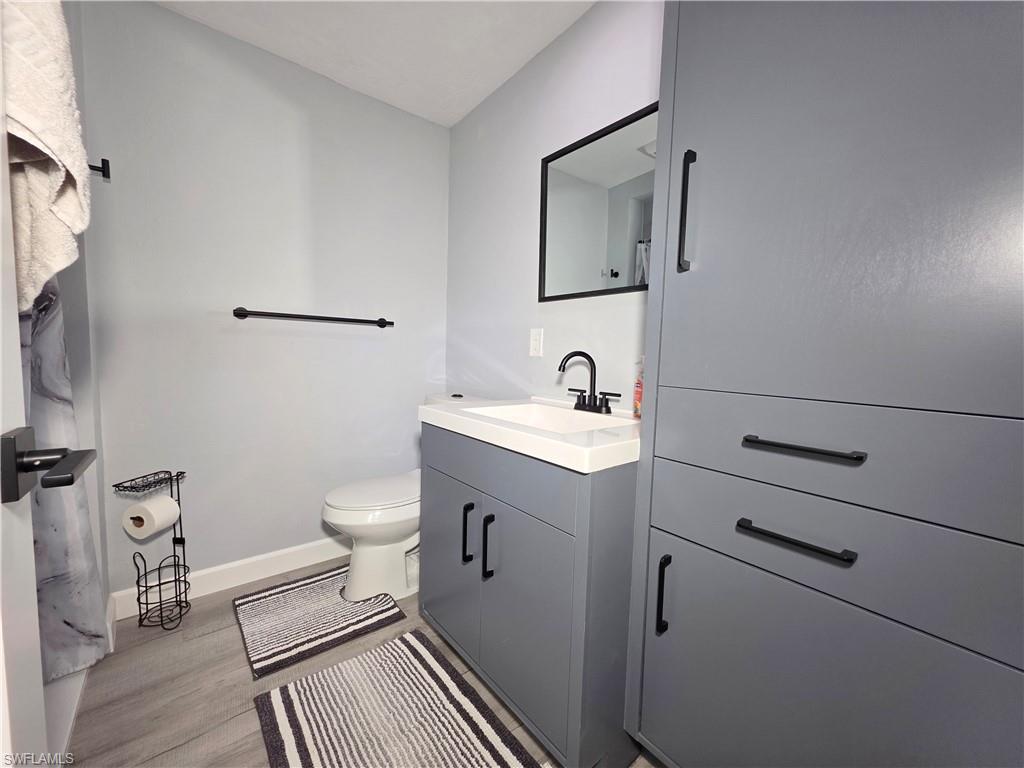 Bathroom featuring vanity and wood finished floors