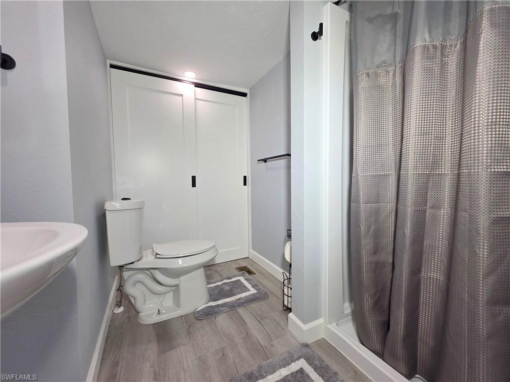 Bathroom with wood finished floors and a shower with shower curtain