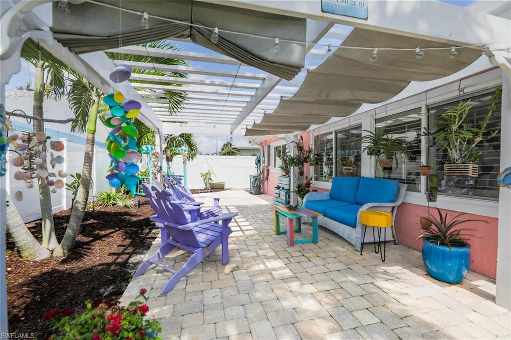 Fenced backyard with a patio and a pergola