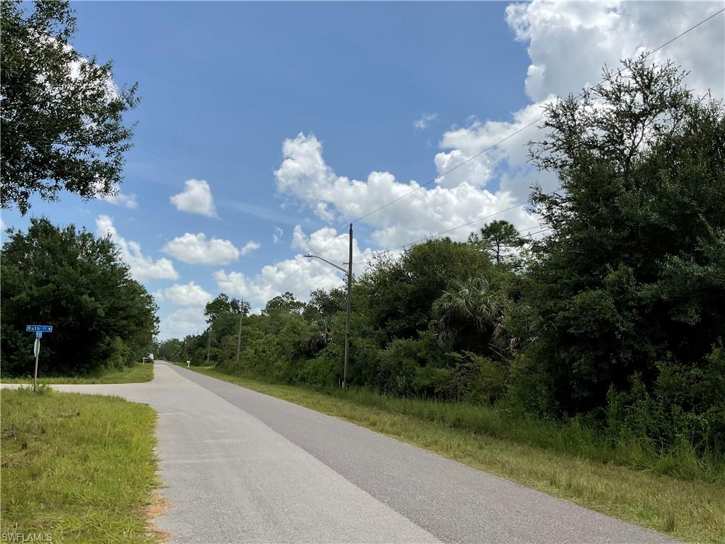 View of asphalt road featuring street lights and a forest view