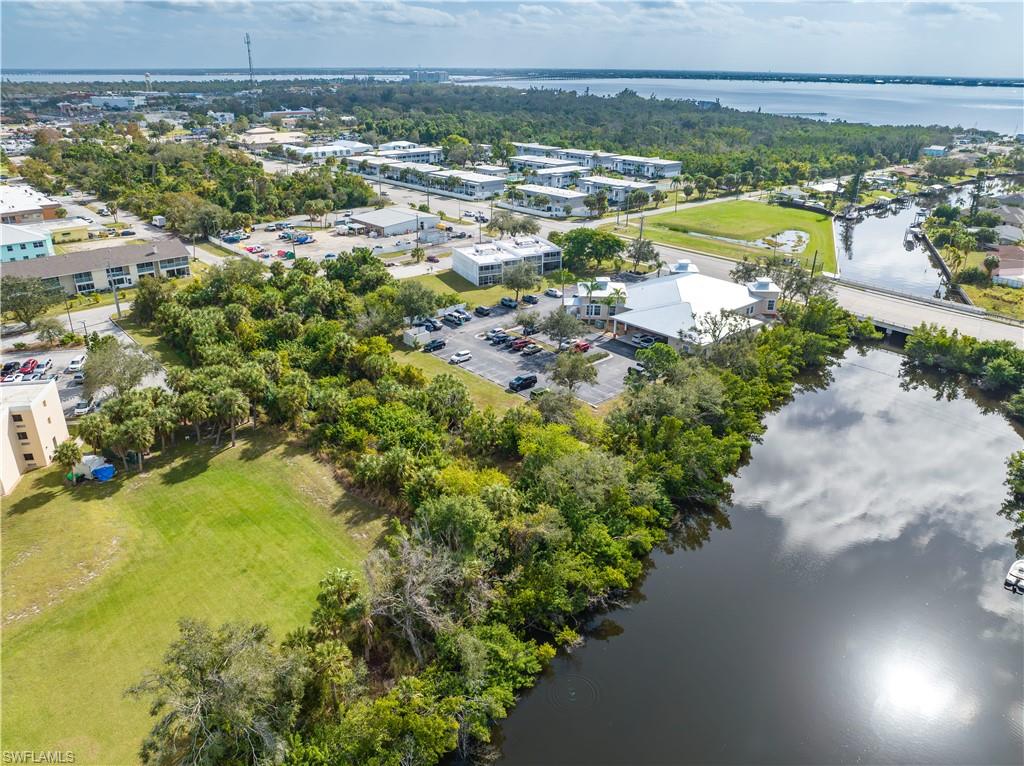 Aerial view of a nearby body of water