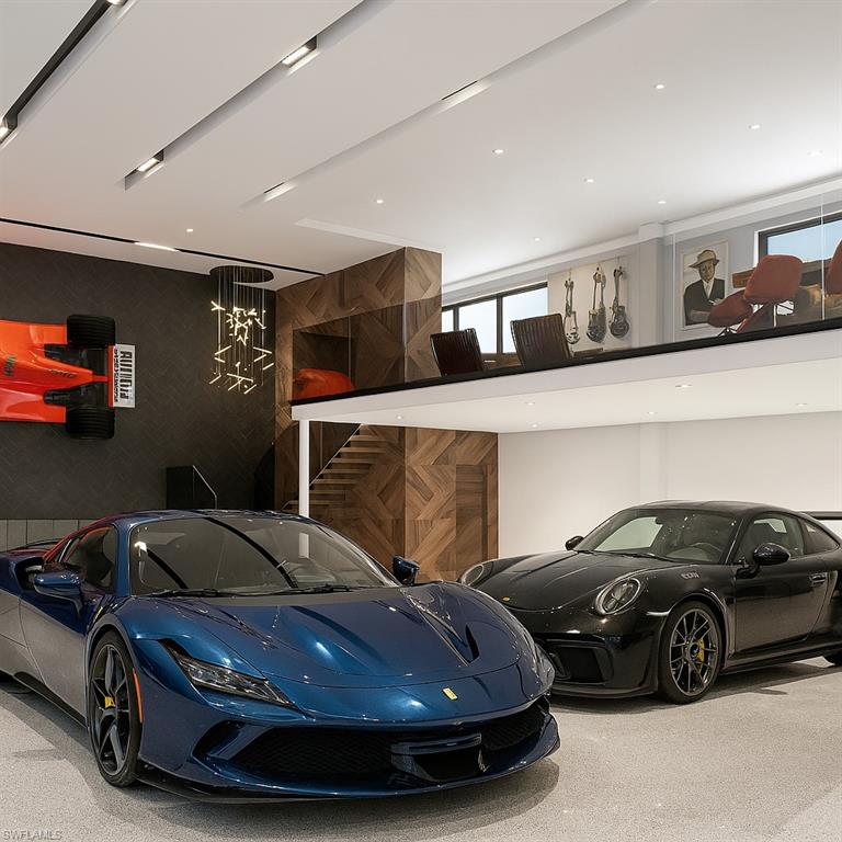 Garage with wood walls and recessed lighting