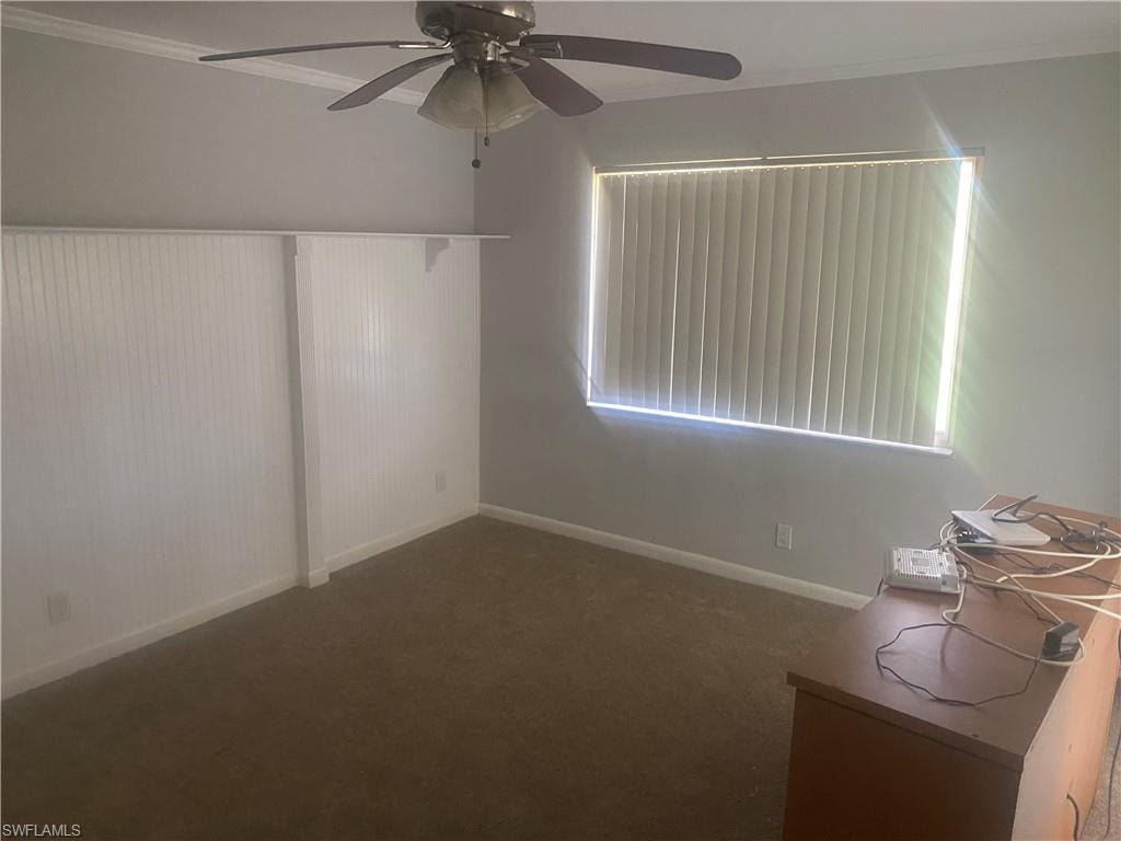 Unfurnished room featuring crown molding, dark colored carpet, and a ceiling fan