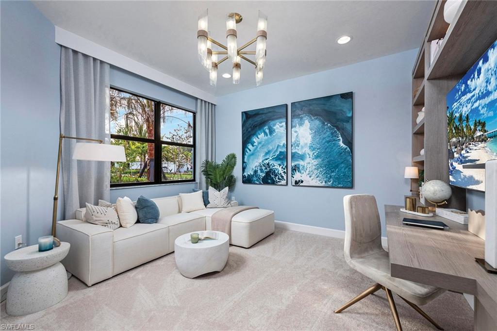 Living area with a chandelier, carpet, recessed lighting, and an office area