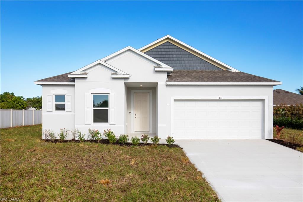 View of front of home featuring roof with shingles, stucco siding, an attached garage, and driveway