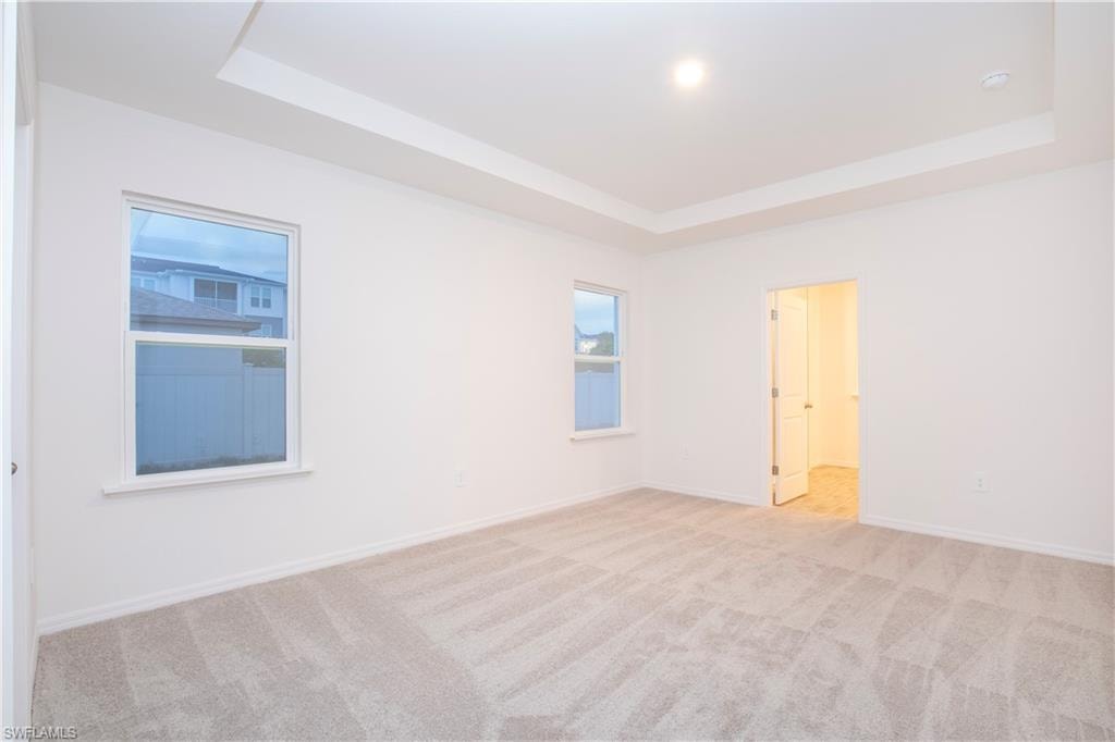 Unfurnished room featuring a raised ceiling and light colored carpet