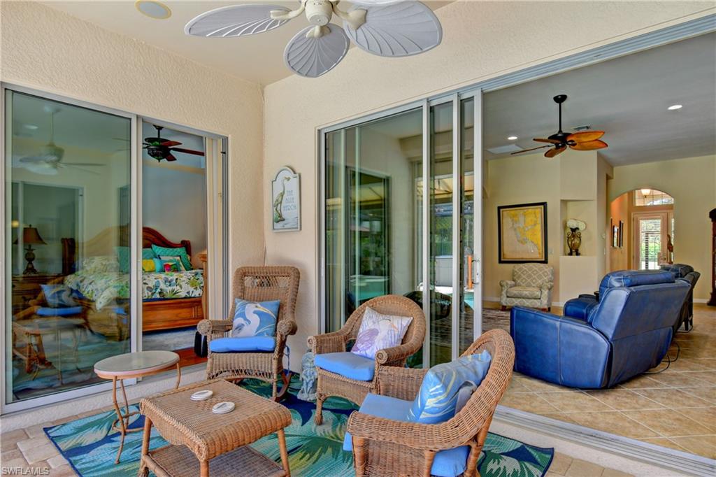 Covered section of the screened lanai/pool area; it has an outdoor speaker in the ceiling for your music enjoyment