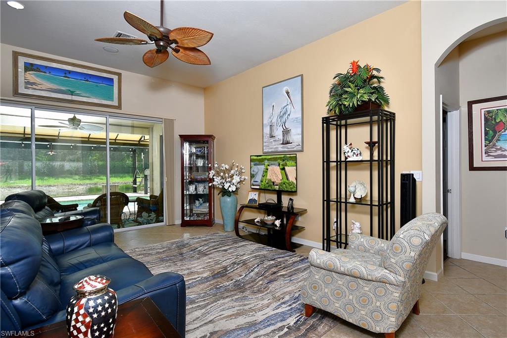 Nice sized and open directly with the kitchen. There are   sound speakers in the ceilings through out house and covered lanai area with volume controls in each room