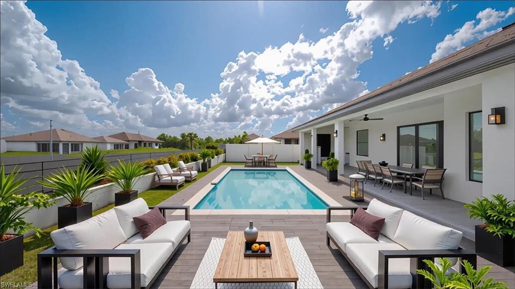 View of swimming pool featuring outdoor lounge area, outdoor dining area, a patio area, a fenced backyard, and a ceiling fan