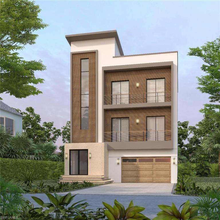RENDERING:Modern home with stucco siding, concrete driveway, a garage, and a balcony
