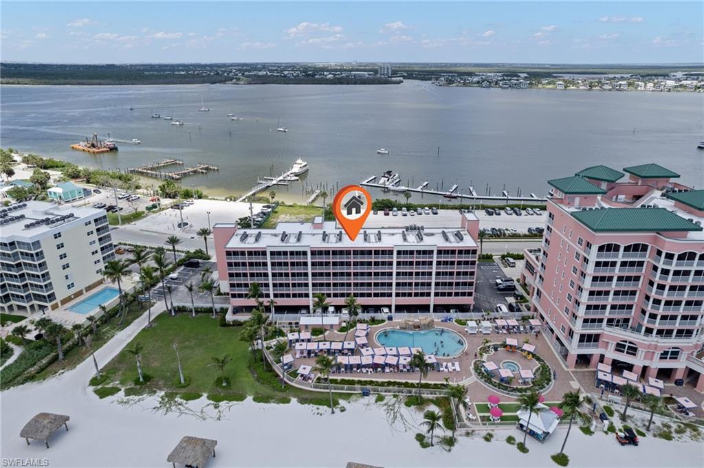 Aerial of the unit building and the inland waterway and marina