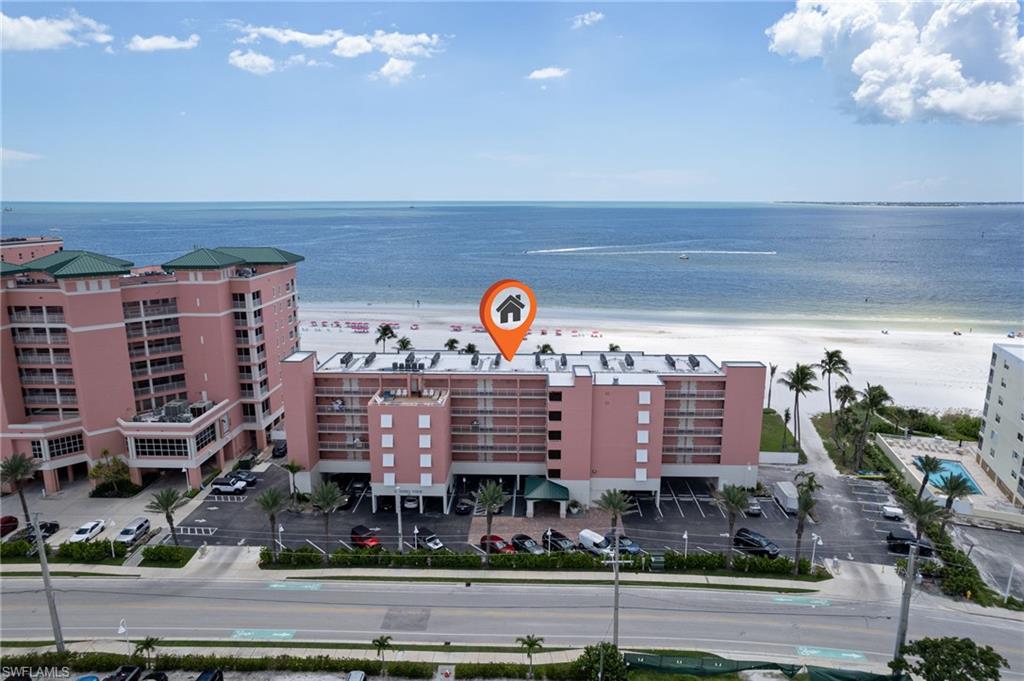 Aerial view of the building with that beautiful beach!