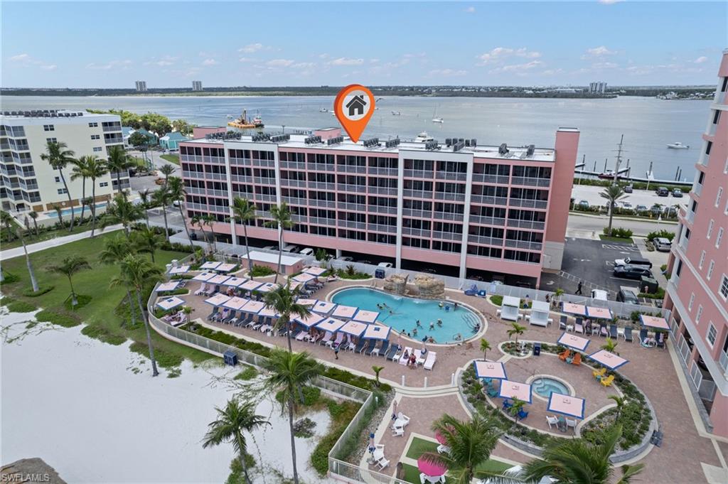 Aerial of the unit building and pool area