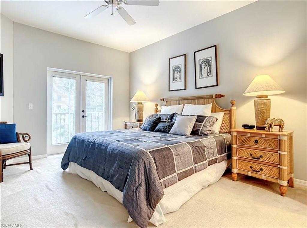 Bedroom featuring ceiling fan, access to exterior, and french doors
