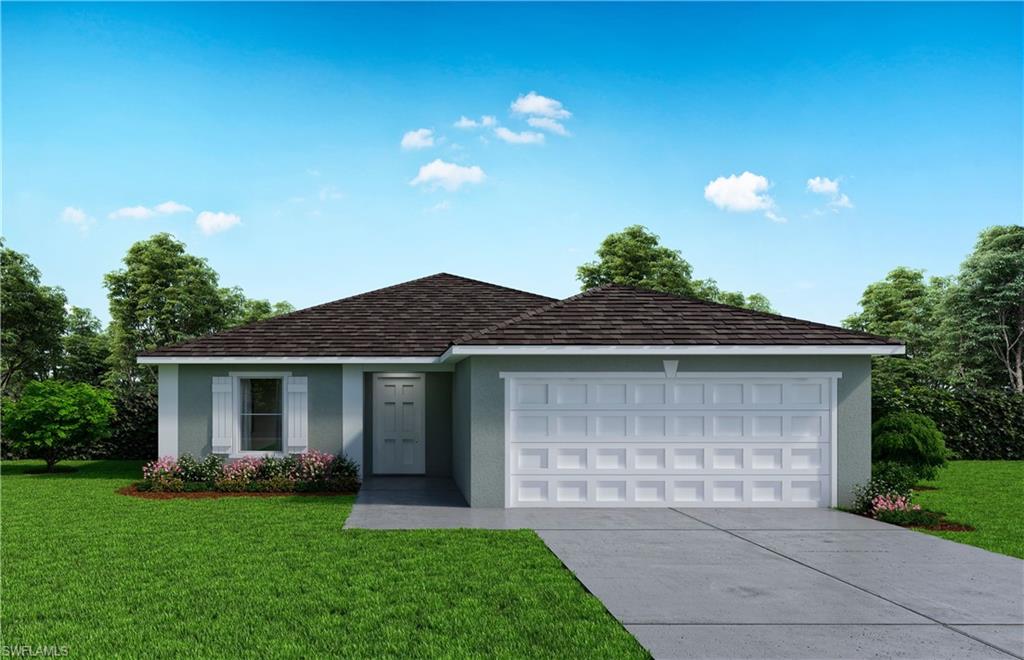 Ranch-style home with stucco siding, a garage, a front lawn, and driveway