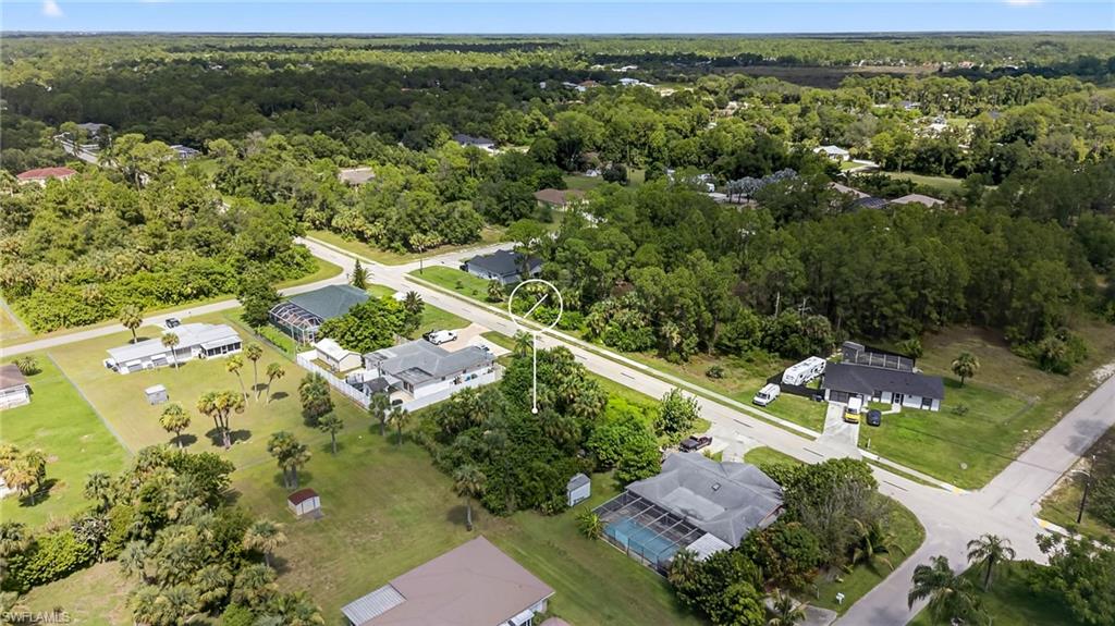 Aerial perspective of suburban area with a forest