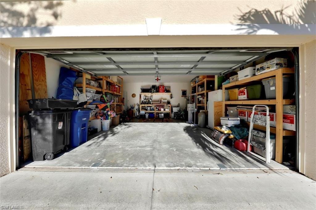 Nice built in shelving in garage.