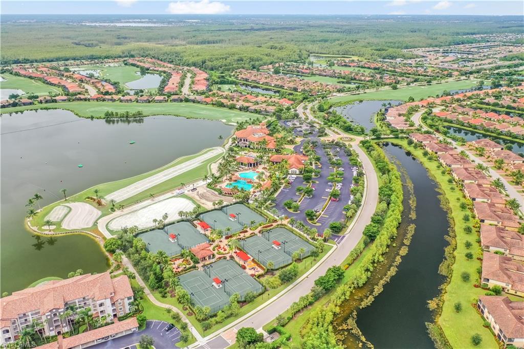 Aerial view of residential area with a large body of water