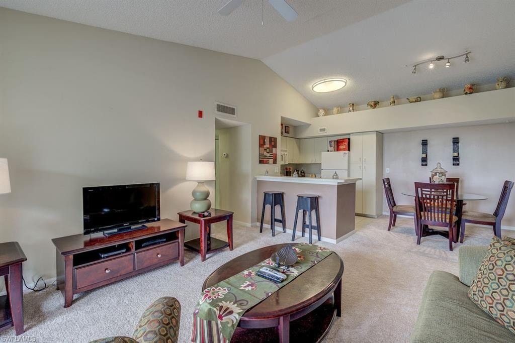 Living room with lofted ceiling, light carpet, and a textured ceiling