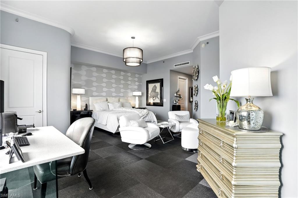 Bedroom with ornamental molding and a desk - Virtually Edited Image