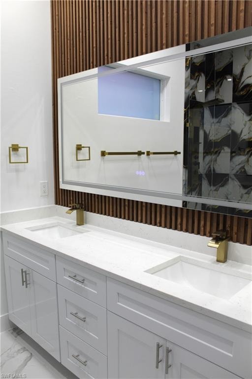 Bathroom view of a tile finish shower and vanity