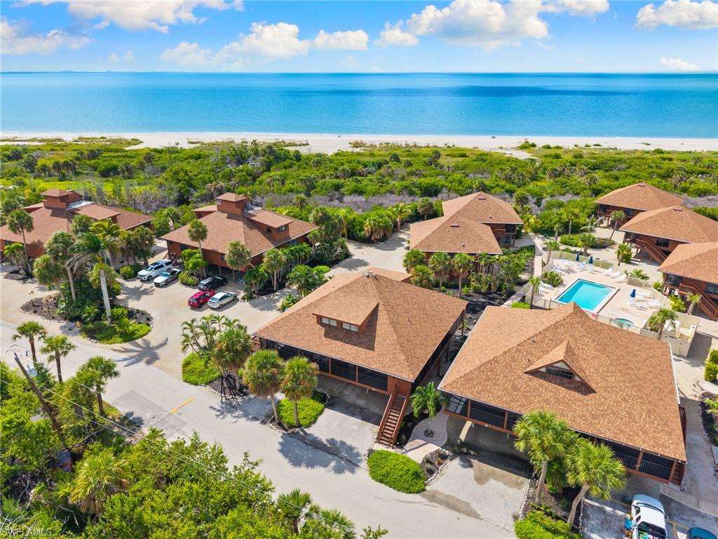 Aerial perspective of suburban area with a pool area and unending shoreline