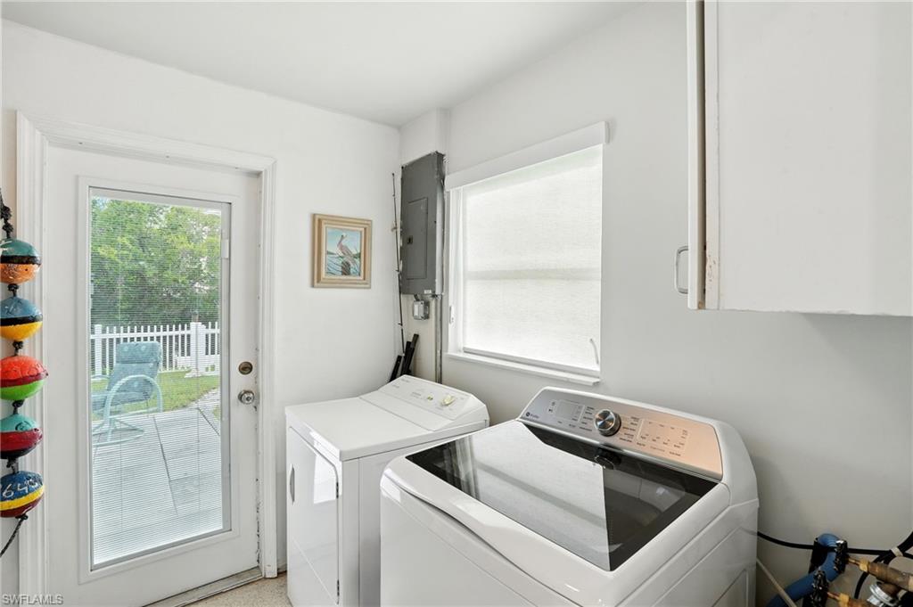 Laundry room with washer and dryer and electric panel