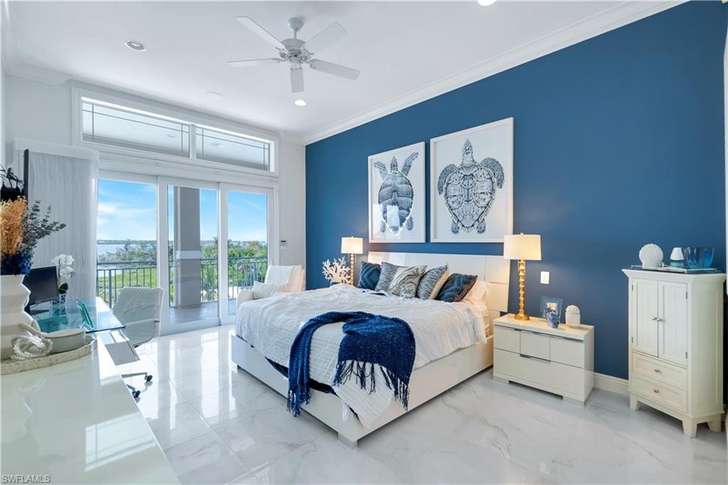 Bedroom featuring light marble finish floors, ornamental molding, access to exterior, ceiling fan, and recessed lighting