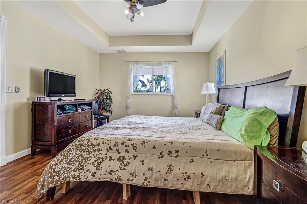 Bedroom with a tray ceiling, multiple windows, and dark wood-style flooring