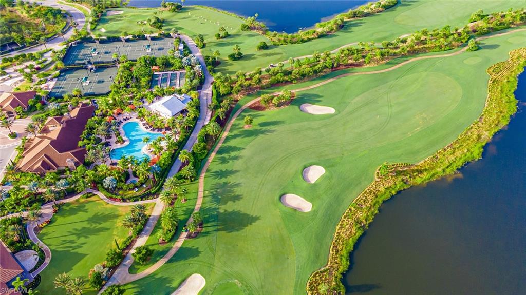 Bird's eye view of a nearby body of water and a golf club