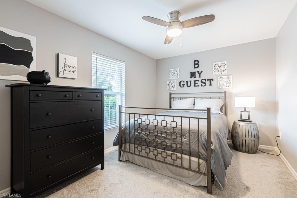 Bedroom featuring walk-in closet, carpet floors and a ceiling fan