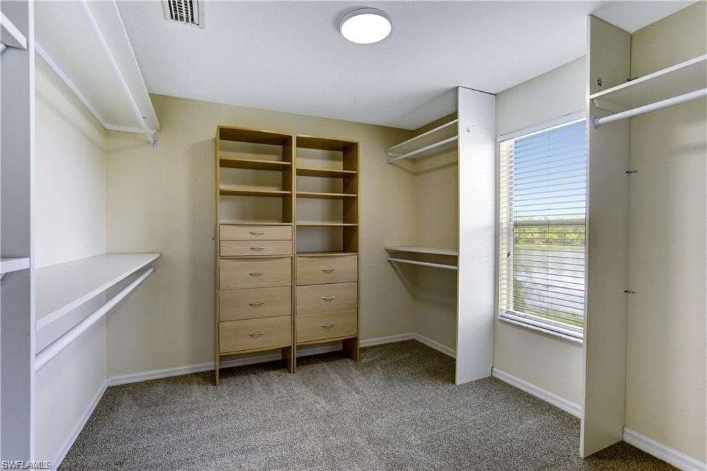 Huge primary closet with built in cabinetry and window letting the light in!
