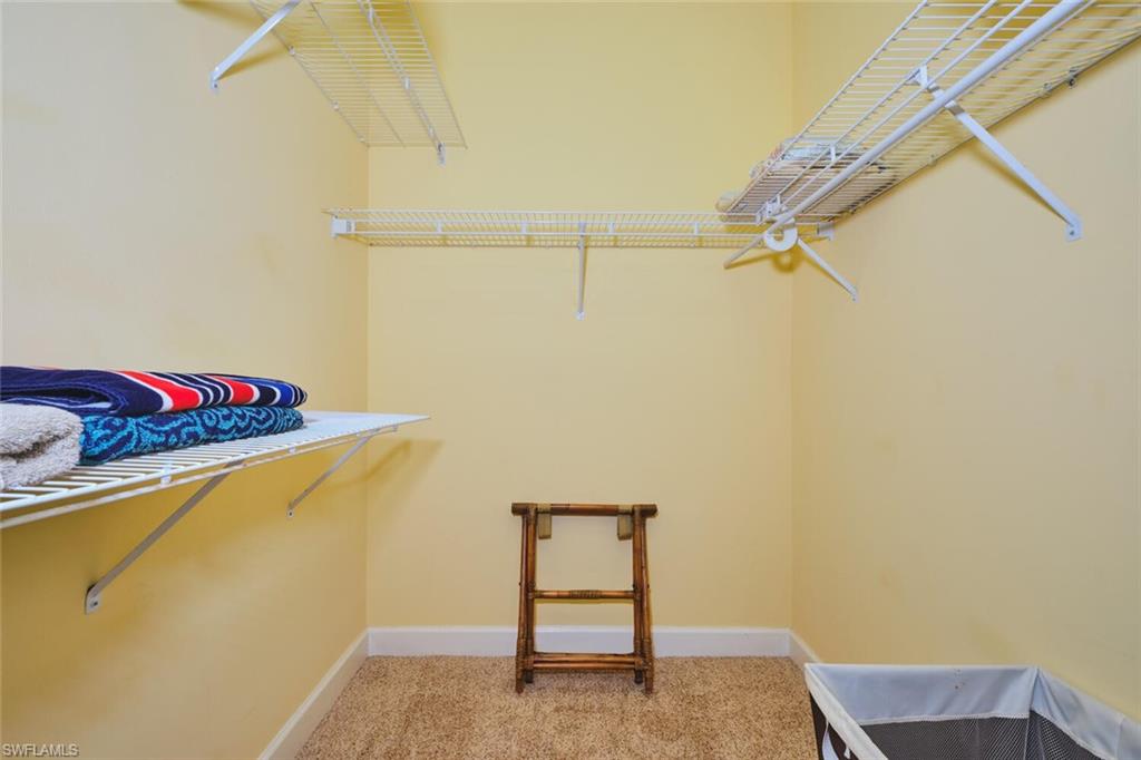 Walk in closet with light colored carpet