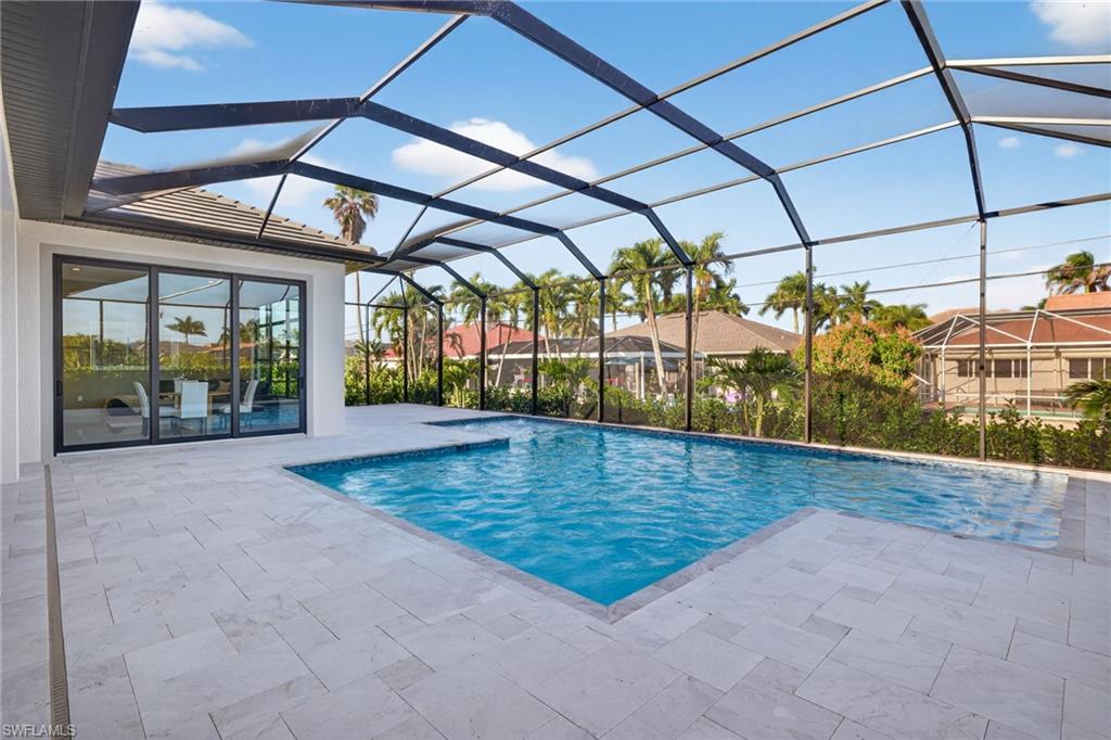 Swimming pool featuring a sunroom, a patio area, and a lanai