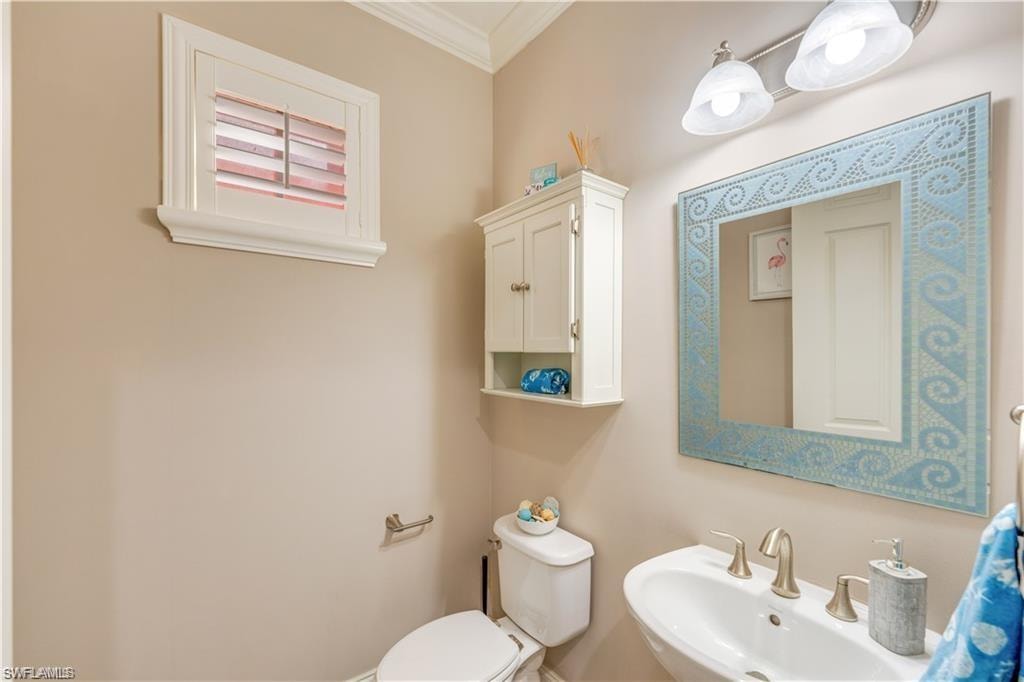 Bathroom with ornamental molding and toilet