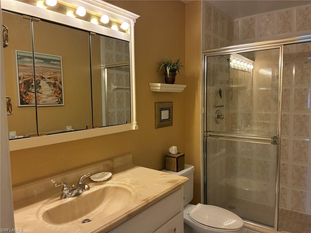 Full bathroom featuring a stall shower and vanity