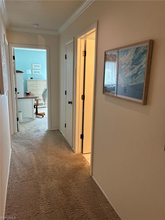 Hallway with light colored carpet and crown molding