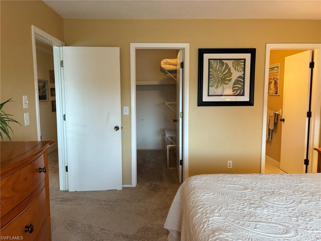 Bedroom featuring a spacious closet and light carpet
