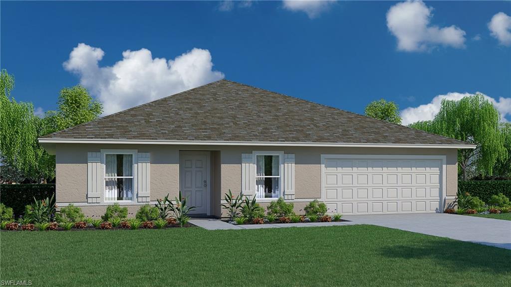Ranch-style home with a front yard, stucco siding, driveway, and a garage