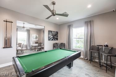 Rec room with billiards table, recessed lighting, ceiling fan, and carpet flooring