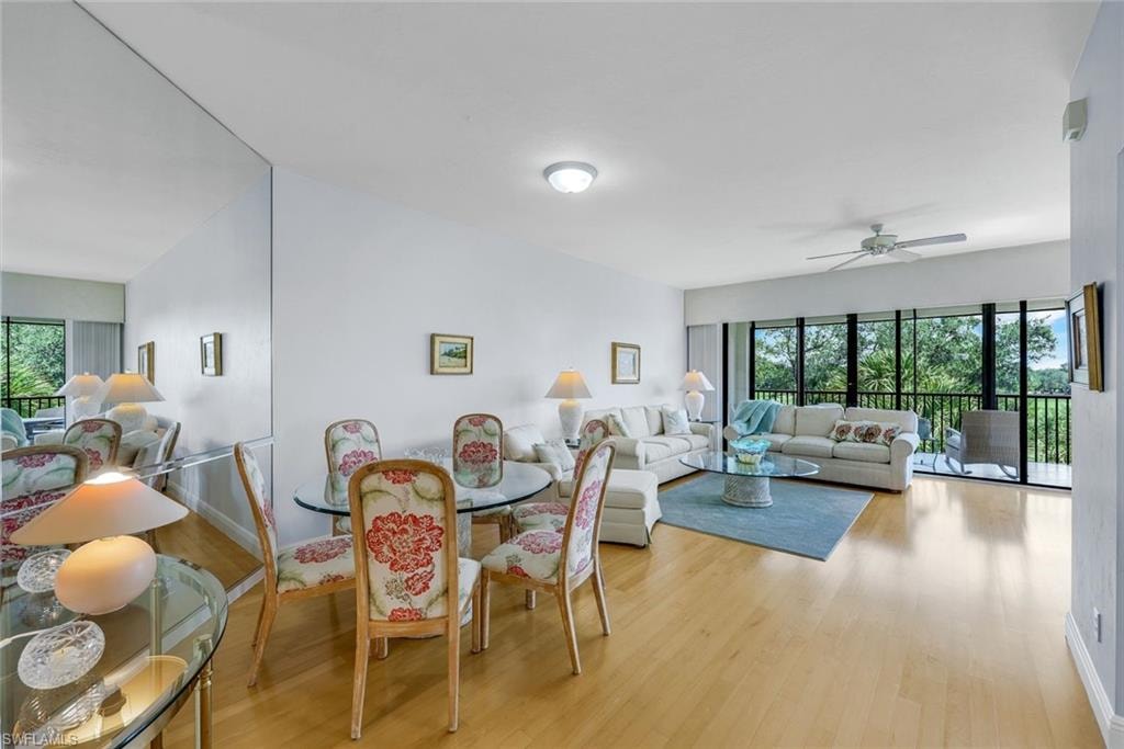 Dining room featuring light wood-style floors and ceiling fan