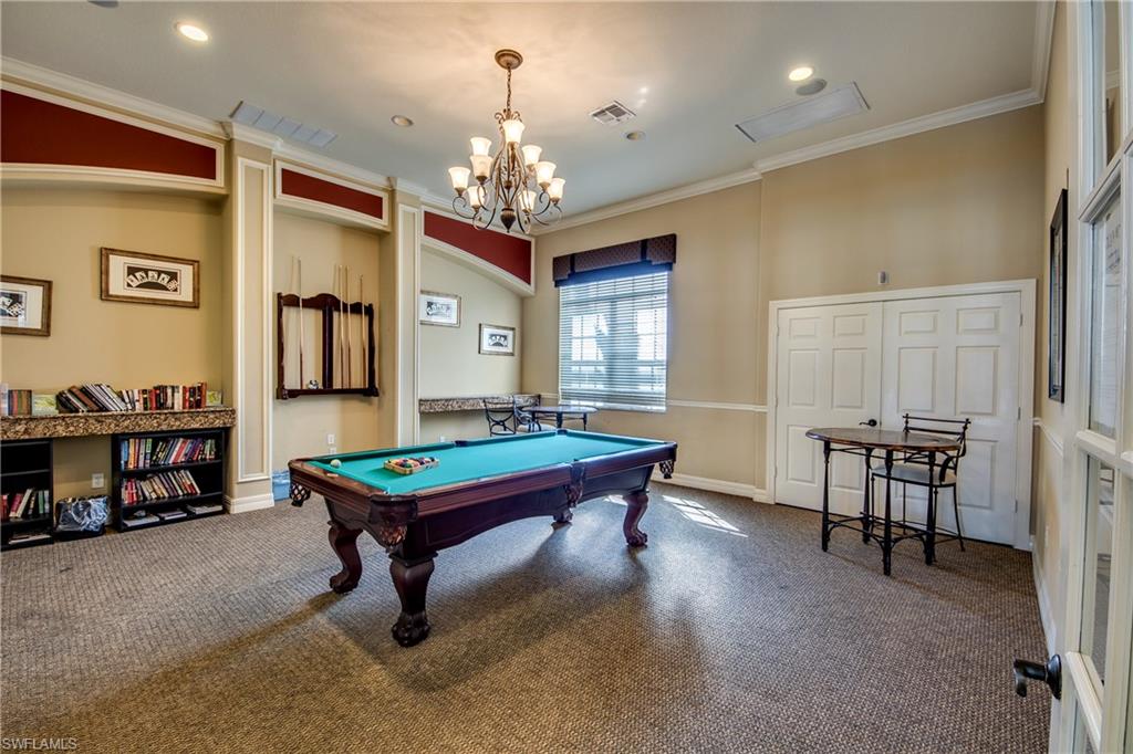 Rec room with crown molding, carpet floors, billiards, and recessed lighting
